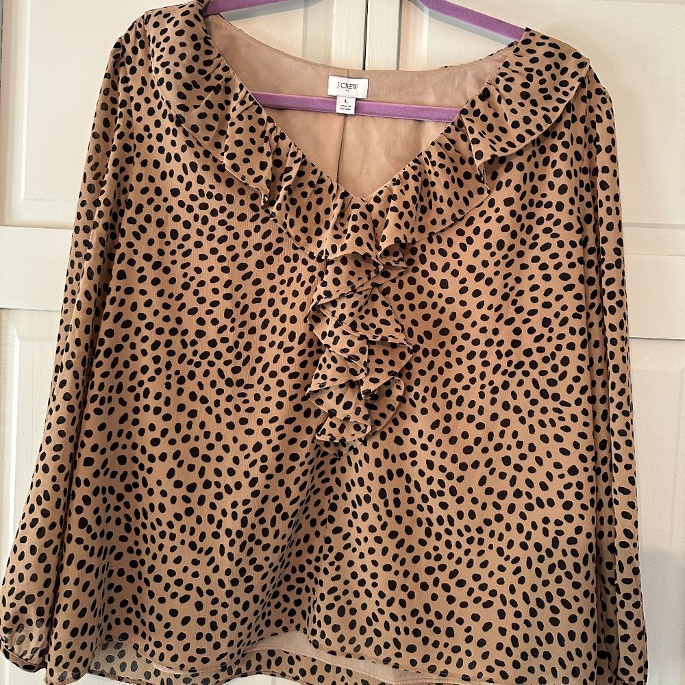 JCrew animal print v-neck ruffle shirt